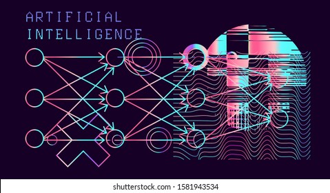 Abstract scientific and technology illustration with rainbow-colored holographic scheme of neural network, multilayer perceptron. Artificial intelligence, machine and deep learning concept.