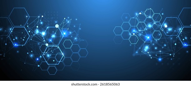 Abstract scientific vector background. Interweaving on a dark blue gradient of hexagons of different shapes with a plexus effect.