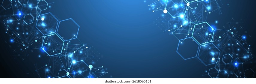 Abstract scientific vector background. Interweaving on a dark blue gradient of hexagons of different shapes with a plexus effect.