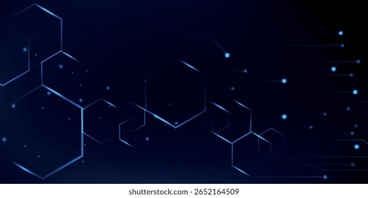 Vetor científico de fundo abstrato. Entrelaçamento em um gradiente azul escuro de hexágonos de diferentes formas com um efeito plexo