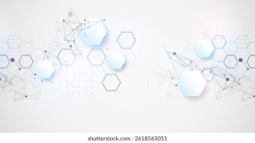 Abstract scientific vector background. Light gray gradient of hexagons of different shapes with plexus effect.
