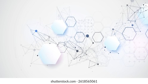 Abstract scientific vector background. Light gray gradient of hexagons of different shapes with plexus effect.