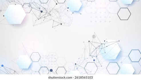 Abstract scientific vector background. Light gray gradient of hexagons of different shapes with plexus effect.