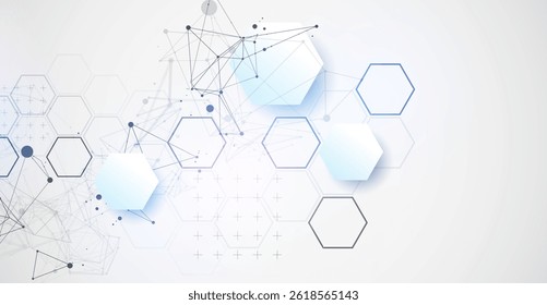 Abstract scientific vector background. Light gray gradient of hexagons of different shapes with plexus effect.