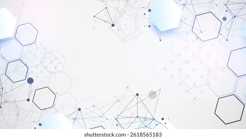 Abstract scientific vector background. Light gray gradient of hexagons of different shapes with plexus effect.