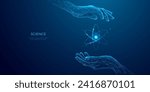 Abstract scientist hands-holding nuclear atom hologram model. Science, Technology concepts. Low poly light blue digital hand securing molecule icon on blue background. 3D polygon vector illustration