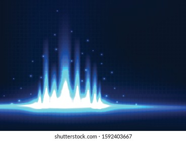 abstract sci-fi background. power beam ray burst at the ground with circle light sparkle. white flash in dark blue background. vector illustration.