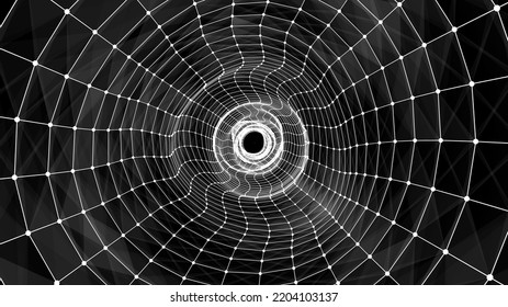 Abstract sci-fi black tunnel. Wormhole absorbs cyberspace. 3D portal. Vector uturistic fantasy high-tech funnel.