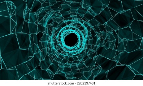 Abstract sci-fi blue tunnel. Wormhole absorbs cyberspace. 3D portal. Vector uturistic fantasy high-tech funnel.