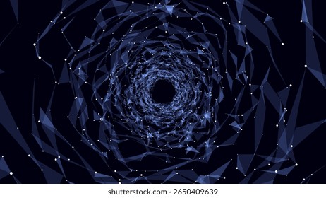 Abstract sci-fi blue tunnel. Wormhole absorbs cyberspace. 3D portal. Vector futuristic fantasy high-tech funnel.