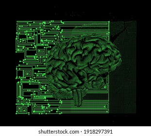 Abstrakte Science-Fiction-Komposition mit Leiterplatten und Gehirn auf dunklem Hintergrund. Vektorgrafik im Stil der Pixelkunst. Konzept des maschinellen Lernens und des neuronalen Netzwerks.