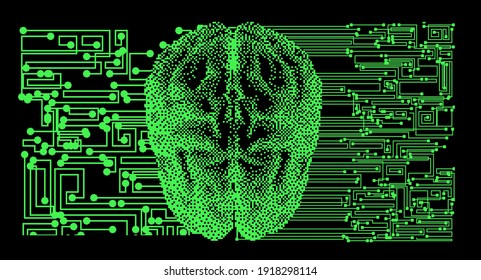 Resumen de la composición de ciencia ficción con placa de circuito impreso y cerebro en el fondo oscuro. Ilustración vectorial hecha en el estilo de arte de píxeles. Concepto de aprendizaje automático y red neural.