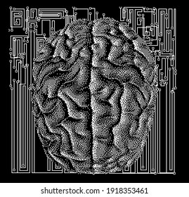 Abstract sci-fi composition with printed circuit board and brain on the dark background. Vector illustration made in pixel art style. Concept of machine learning and neural network.