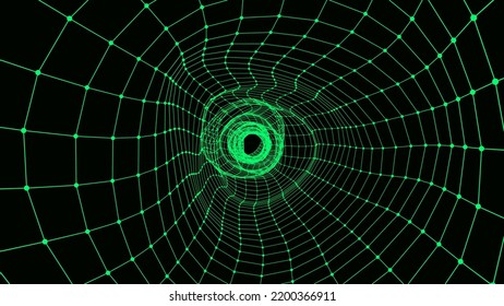 Resumen del túnel verde de ciencia ficción. El agujero negro absorbe el ciberespacio. portal 3D. Fantasma vectorial uturista de alta tecnología embudo.