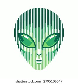 Abstract sci-fi illustration of an alien face constructed from varying thicknesses of green vertical stripes, suitable for tech or gaming.