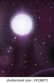 Abstract sci-fi purple space background - big star and several planets