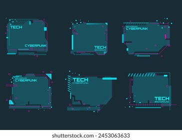 Abstract sci-fi text boxes in cyberpunk style with glitch effect. Colorful glitchy background set. Vector illustration.