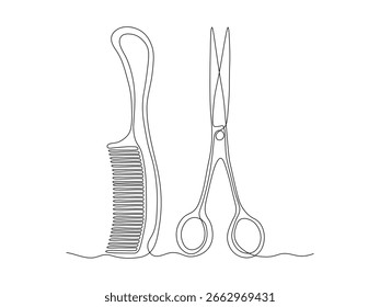 Tijeras Abstractas y cepillo de pelo, boceto de dibujo de una sola línea de arte, logotipo