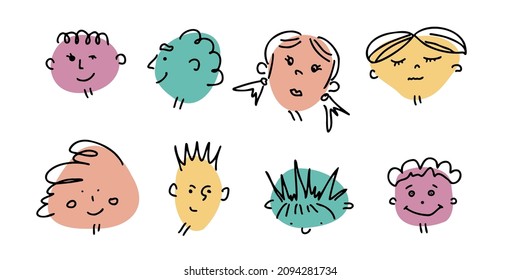 Abstract scrabble funny faces front, top, side views. Hand drawn blob shape heads doodle set vector illustration