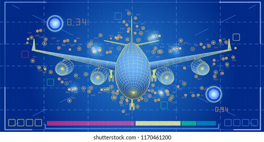 Abstract screen big data graph visualization. Airplaner infographics background. Scheme engineering data . For transport analytics, travel, tourism ect .