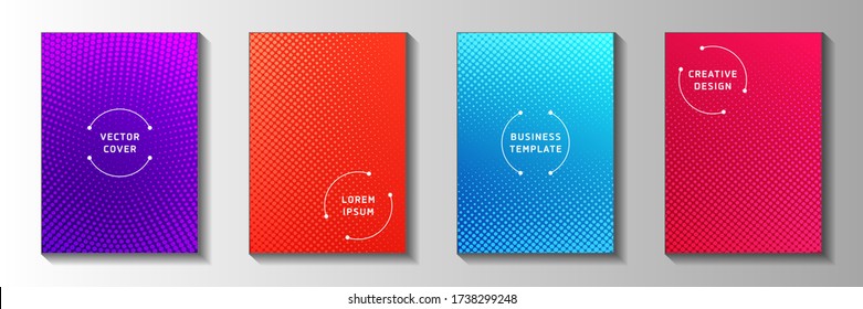 Abstract screentone covers red blue vector design set. Halftone dots patterns collection. Screentone halftone faded dots backgrounds. Business brochure cove page layouts in retro comics style.
