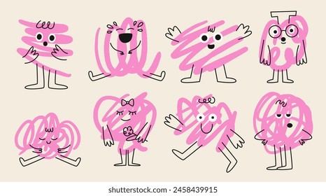 Abstract scribble characters with different emotions. Cute funny doodle colorful characters. Hand drawn flat vector illustration isolated,