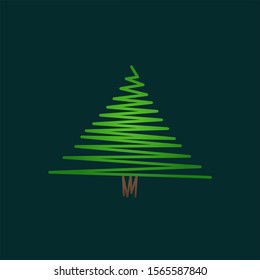 Abstract scribble christmas tree, fir tree in green color on dark background. Illustration of unusual logotype x mas icon and traditional symbol of the festive seasonal holiday. vector