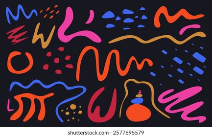 Abstract scribble elements. Color doodles, freenand brushstrokes, lines isolated. Hand drawn colored elements and texture for graphic design decoration. Colorful vector illustration