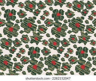 Abstract Scribble Florals Seamless Vector Pattern Hand Drawn Doodle Style Cute Design Trendy Fashion Colors Perfect for Allover Fabric Print or Wrapping Paper Dark Green Red Tones