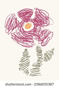 Abstract scribble flower shape poster. Hand drawn flower infantile style. Organic doodle shapes matisse style, naive art, contemporary backgrounds. Flower vector illustration