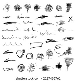 Abstract scribble graphic illustration set in Vector, hand liner drawings with black marker or pen. Collection of grunge design textures. Messy ink pen strokes, chaotic doodle drawings.