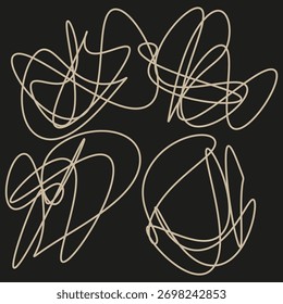 Linhas de rabisco abstratas. Padrão caótico curvo. Vetor desenhado à mão. Fundo preto castanho. EPS 10.