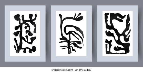 Abstract scribble minimalistic experiment wall art print. Set, bundle. Wall artwork for interior design. Contemporary decorative background with experiment. Printable minimal abstract scribble poster.