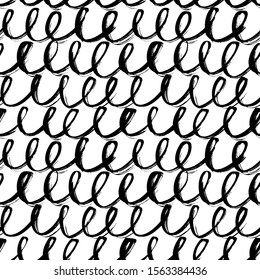 Abstract scribble monochrome hand drawn vector seamless pattern. Curvy squiggle dry ink texture. Black paint childish drawings decorative background. Loops brush stroke wrapping paper design