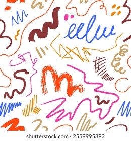 Abstract scribble pattern. Seamless design with colored doodles, freehand brushstrokes, lines. Texture for wallpaper, fabric, paper wrapping. Repeating print, background. Flat vector illustration