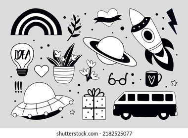 Abstrakter Schreib-Satz. Sammlung von Aufklebern für soziale Netzwerke. Bus, fliegender Untertasse, Brille und Geschenkbox, Regenbogen und Glühbirne. Cartoon-FlachVektorgrafiken einzeln auf grauem Hintergrund