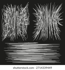Abstract scribble shapes. Hand drawn lines. Grunge texture Vector. Dark background set. EPS 10.