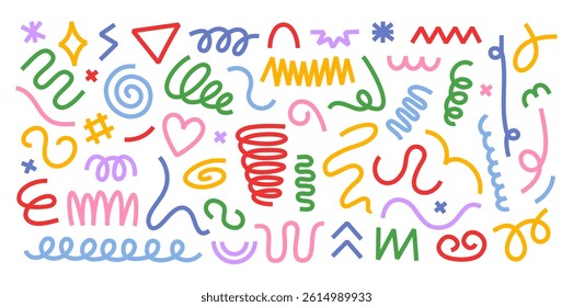 Abstract scribble stripe doodle shapes. Hand drawn wavy and curly lines, swirls, spirals and squiggles. Colorful retro decoration design elements vector set.
