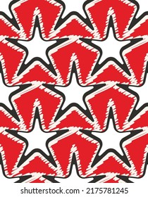 Abstract Scribble Style Stars Seamless Retro Pattern Trendy Fashion Colors Perfect for Allover Print Backdrop Red Black White Tones