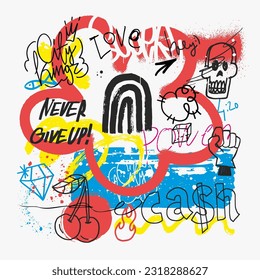 Abstract scribble texture. Urban graffiti background with tags, symbols, and paint splatters. Hand drawn graphic print in street art style. Ideal for poster, t-shirt, interior. Vector illustration.