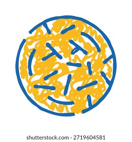 Dibujo Abstractas garabateado que forma una forma circular con un contorno azul, lleno de expresivas líneas amarillas e intercalado con guiones azules sobre un fondo blanco