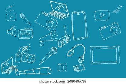 abstract scribbled sketch of several multimedia electronic technology equipment icons on a blue background