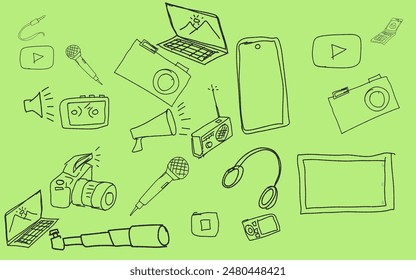 abstract scribbled sketch of several multimedia electronic technology equipment icons on a green background