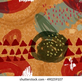 Abstract scribbles with all over flower and red triangles.Hand drawn with ink and marker brush seamless background.Ethnic design.