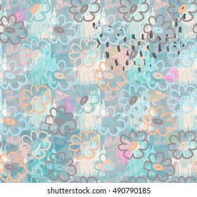 Abstract scribbles with all over flower.Hand drawn with ink and marker brush seamless background.Ethnic design.