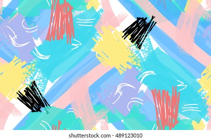 Abstract scribbles blue yellow pink.Hand drawn with ink and marker brush seamless background.Ethnic design.