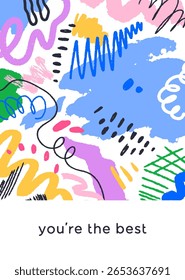 Abstract scribbles, card design. Doodle shapes, colored blobs, spots, splatter, brushstrokes, playful modern pattern on poster background. Creative postcard, typography. Flat vector illustration