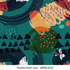 Abstract scribbles deep turquoise with flower and triangles.Hand drawn with ink and marker brush seamless background.Ethnic design.