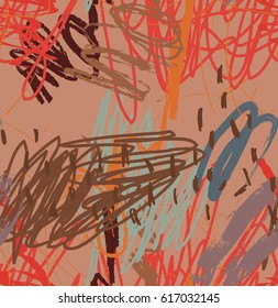 Abstract scribbles and dots brown red.Creative abstract colorful seamless pattern. Tribal ethnic motives. Universal bright background for greeting cards, invitations. Had drawn ink and marker texture.