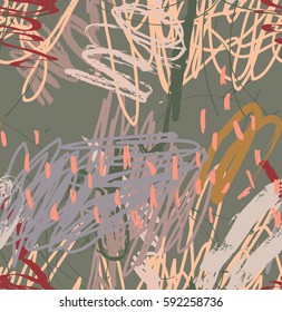Abstract scribbles and dots gray green.Creative abstract colorful seamless pattern. Tribal ethnic motives. Universal bright background for greeting cards, invitations.